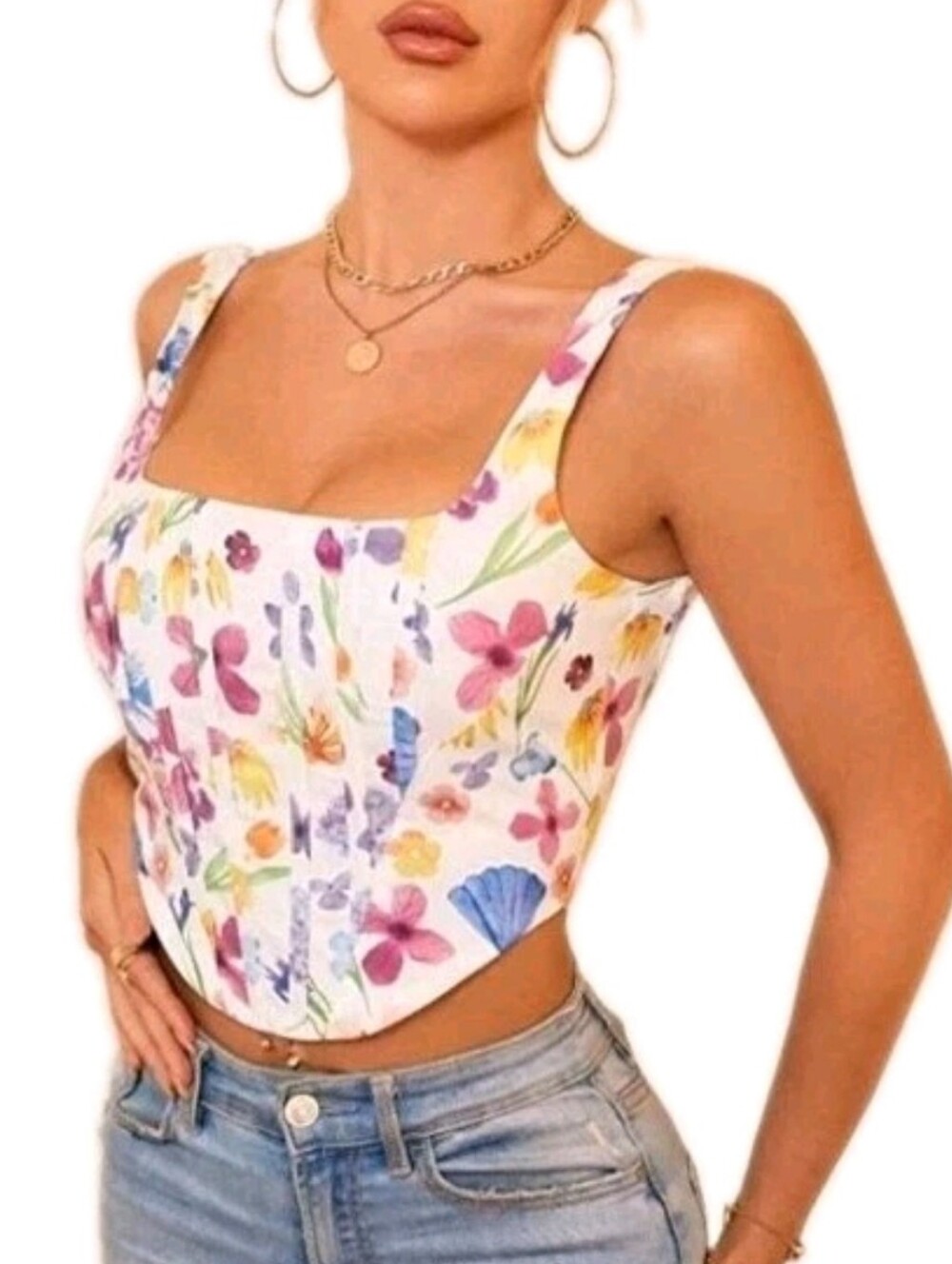 PARTHEA Floral Print Square Neck Bustier Corset Top